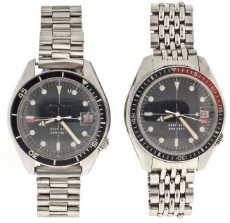 Wrist watches- 2 (Two): Both Bulova Accutron "Deep Sea", cal. 2181 movements, luminous arrow, dot, and baton marker black dials, with date display at 3:00, stainless steel cases and bracelets, 39.5mm
