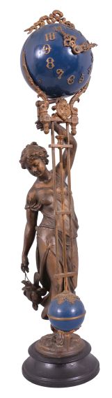 Ansonia Clock Co., New York, "Huntress" swinging mystery clock, 8 day, time only, spring-driven movement mounted inside a brass sphere with cast ribbon ornament and applied Arabic numerals, Louis XV style hands, the lower section in gridiron style with smaller sphere at the bottom, and held aloft by a patinated spelter figure of a young woman carrying game birds.