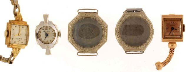 Wrist watches- 3 (Three) and two cases, all 14 karat gold, makers including Paul Breguette, Bulova, and Monarch, 42.7g TW