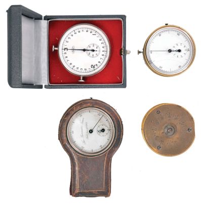 Lot of four timers, the first with glossy card stock dial, signed "The Pneumatic Timer Patd. June 15th, 1875", the outer chapter counting quarter seconds, with subsidiary minute register, nickel plated lever movement, contained in a keyhole shaped, gilt stamped leather covered wooden case, the next a timer similar to the former, with lacquered brass case, lever movement, and white enamel dial with 10 minute register, the third a round brass timer capable of timing up to 12 hours, an alarm sounding at the end of the interval, rim wound pendulum movement, and the last signed "Jaquet", nickel plated case, lever movement beating 100 times per second, and white enamel dial with subsidiary two minute register, Pneumatic dimensions listed