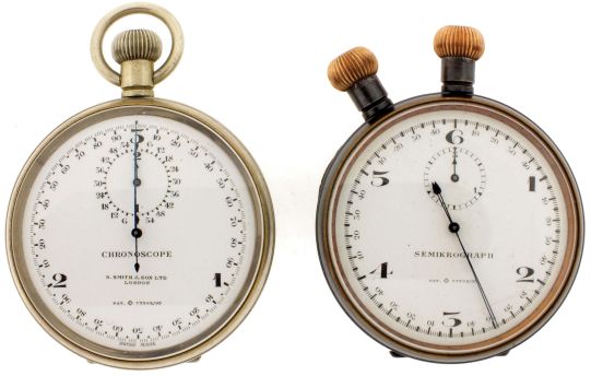 Timers- 2 (Two): the first signed "S. Smith & Son, Ltd., London", "Chronoscope" artillery timer, 17 jewel gilt lever movement beating 100 times per second, white enamel dial with outer chapter indicating hundredths, with subsidiary two minute register, nickel open face case, the back with engraved broad arrow above "No. 252185", the other a "Semikrograph" split seconds artillery timer, 7 jewel nickel movement beating 50 times per second, white enamel dial with outer chapter indicating fiftieths, and subsidiary three minute register, the hands split by pushing the crown at 11:00, gun metal open face case, the back engraved "M.P.W. 2506", both early 20th century