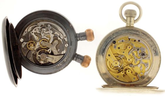 Timers- 2 (Two): the first signed "S. Smith & Son, Ltd., London", "Chronoscope" artillery timer, 17 jewel gilt lever movement beating 100 times per second, white enamel dial with outer chapter indicating hundredths, with subsidiary two minute register, nickel open face case, the back with engraved broad arrow above "No. 252185", the other a "Semikrograph" split seconds artillery timer, 7 jewel nickel movement beating 50 times per second, white enamel dial with outer chapter indicating fiftieths, and subsidiary three minute register, the hands split by pushing the crown at 11:00, gun metal open face case, the back engraved "M.P.W. 2506", both early 20th century