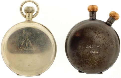 Timers- 2 (Two): the first signed "S. Smith & Son, Ltd., London", "Chronoscope" artillery timer, 17 jewel gilt lever movement beating 100 times per second, white enamel dial with outer chapter indicating hundredths, with subsidiary two minute register, nickel open face case, the back with engraved broad arrow above "No. 252185", the other a "Semikrograph" split seconds artillery timer, 7 jewel nickel movement beating 50 times per second, white enamel dial with outer chapter indicating fiftieths, and subsidiary three minute register, the hands split by pushing the crown at 11:00, gun metal open face case, the back engraved "M.P.W. 2506", both early 20th century