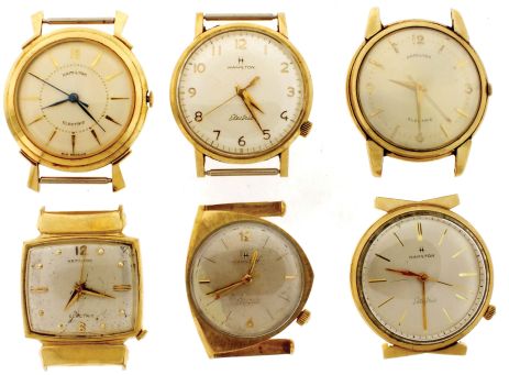 Wrist watches- 6 (Six): All Hamilton Electric, 3) cal. 500, 3) cal. 505, stainless steel and gold filled cases.