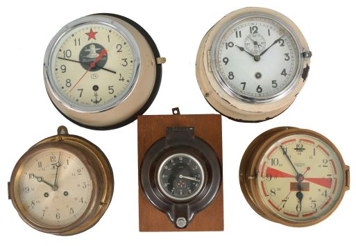 Clocks- 5 (Five) English, German, and Russian Marine Clocks: (1) Smiths Astral radio room ship
