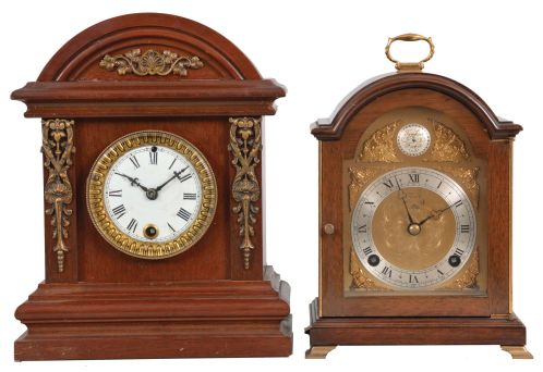 Miniature German Style Carved 3 Finial Bracket Clock with Porcelain Dial 