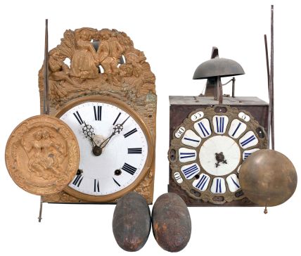 Clocks- 2 (Two) Morbier: France, morbier wall clocks, 8 day, time and strike, weight-driven, posted frame movements with verge escapements, one with a white enamel dial and the other with cartouche numerals, two folding pendulums, and one set of weights