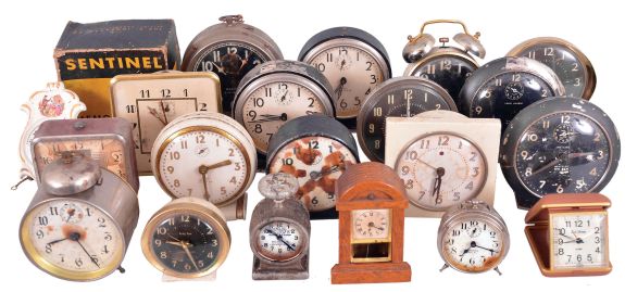 Clocks- 54 (Fifty-four) Alarm and Travel Clocks: antique and vintage travel and alarm clocks by makers including Seth Thomas, Westclox, Ingraham, Lux, and others.