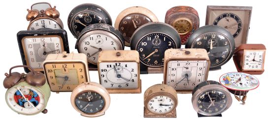 Clocks- 54 (Fifty-four) Alarm and Travel Clocks: antique and vintage travel and alarm clocks by makers including Seth Thomas, Westclox, Ingraham, Lux, and others.