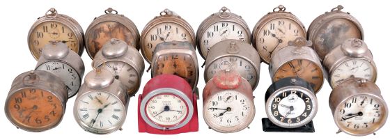 Clocks- 33 (Thirty-three) Alarm Clocks, Desk, and Novelty Clocks: large lot of small clocks by makers including Westclox, Ingraham, Ansonia, Waterbury, Swiza, LeCoultre, and others. Also three brass & glass cases.