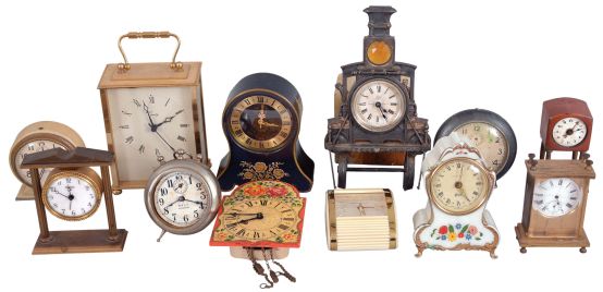 Clocks- 33 (Thirty-three) Alarm Clocks, Desk, and Novelty Clocks: large lot of small clocks by makers including Westclox, Ingraham, Ansonia, Waterbury, Swiza, LeCoultre, and others. Also three brass & glass cases.