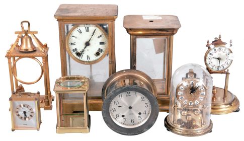Clocks- 33 (Thirty-three) Alarm Clocks, Desk, and Novelty Clocks: large lot of small clocks by makers including Westclox, Ingraham, Ansonia, Waterbury, Swiza, LeCoultre, and others. Also three brass & glass cases.
