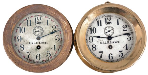 Clocks- 2 (Two) U.S. Light House Service: Seth Thomas Clock Co., Thomaston, Conn., for U.S. Light House Service, 8 day, time only, spring-driven balance wheel movements in brass cases with screw-on bezels, 4.5 inch silvered dials