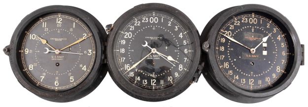 Clocks- 6 (Six) Chelsea Engine Room Clocks: Chelsea Clock Co., Boston, Mass., for the U.S. Navy, "Deck & Engine Room" clocks, 8 day, time only, spring-driven balance wheel movements with center seconds in black phenolic cases with hinged bezels, 8.5 inch black dials showing both 12 and 24 hours.