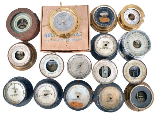 Barometers- 16 (Sixteen) Barometers: aneroid barometers, many for the U.S. Navy, by makers such as Friez, Seth Thomas, Fee & Stemwedel, Admiralty, Weatherite, and Taylor.