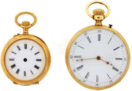 Pocket watches- 2 (Two): Both Swiss, both 18 karat gold, both with cylinder escapement movements and white enamel dials, 48.5g TW