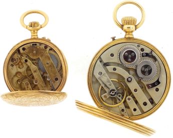 Pocket watches- 2 (Two): Both Swiss, both 18 karat gold, both with cylinder escapement movements and white enamel dials, 48.5g TW