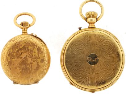 Pocket watches- 2 (Two): Both Swiss, both 18 karat gold, both with cylinder escapement movements and white enamel dials, 48.5g TW