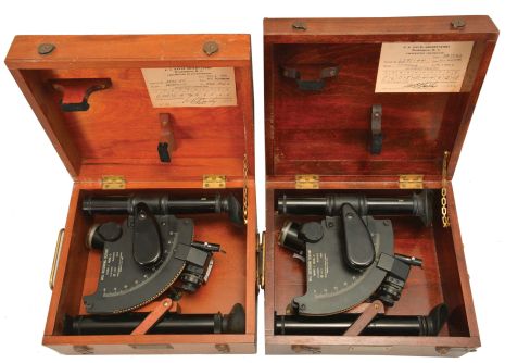Sextants- 2 (Two) Ball Recording Sextants: Mergenthaler Linotype Company, Brooklyn, New York, "Ball Recording Sextant, Mark I, Mod. 0", 4 inch radius, solid metal frames with integrated arcs reading 0-90, 9 inch sighting scopes, 7 inch vertical drop tubes with recording devices at the bottom, all in a dovetailed wooden cases with U.S. Naval Observatory Certificates of Eccentricity, dated 1944 and 1945.