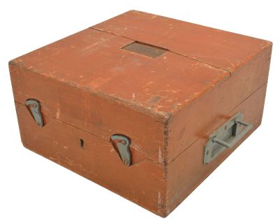 Hughes & Son Ltd., London, 6.5 inch sextant, pierced metal frame with gray finish, signed brass arc with inset silvered scale, the graduations from -5 to 130, micrometer drum adjustment, index lamp, multiple shades for horizon and index mirrors, sighting scopes, and plastic handle with battery compartment, all in finger-jointed mahogany box with a certificate from the Admiralty Compass Observatory dated 1955.