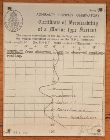 Hughes & Son Ltd., London, 6.5 inch sextant, pierced metal frame with gray finish, signed brass arc with inset silvered scale, the graduations from -5 to 130, micrometer drum adjustment, index lamp, multiple shades for horizon and index mirrors, sighting scopes, and plastic handle with battery compartment, all in finger-jointed mahogany box with a certificate from the Admiralty Compass Observatory dated 1955.