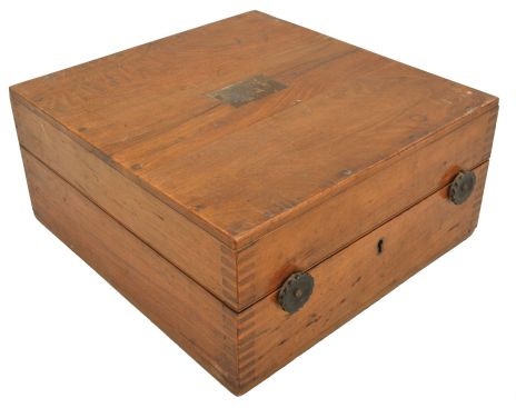 H. Hughes & Son Ltd., London, 7 inch sextant, pierced metal frame with black finish, signed brass arc with inset silvered scale, the graduations from -5 to 125, micrometer drum adjustment, index lamp, multiple shades for horizon and index mirrors, sighting scopes, and plastic handle with battery compartment, all in finger-jointed walnut box with a certificate from the National Physical Laboratory with a stamp from its director, C.G. Darwin dated 1947.