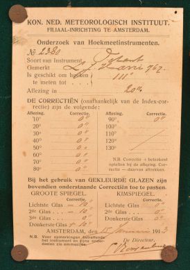 L.J. Harri., Amsterdam, boxed sextant, 200mm radius, tulip form metal frame with dark finish, signed brass arc with inset silvered scale readinng -5 to 140, thumbscrew vernier adjustemnt and index arm lock, index magnifier, triple sun shades for index and horizon mirrors, sighting scopes, mahogany handle, all in felt-lined mahogany box with certificate under the lid dated 1913.