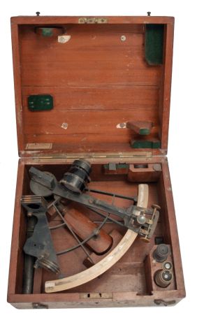 English, boxed sextant, 7.5 inch radius, metal ladder frame with dark finish, brass arc signed "L. Croix, Havre" with inset silvered scale reading 0 to 150 and also specifying "Importe d