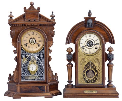 Clocks- 2 (Two): (1) Ansonia Clock Co., New York, "Niagara", 8 day, time, strike and alarm spring brass movement shelf clock, c1895 (2) E. Ingraham & Co., Bristol, Conn., 8 day, time, strike and alarm spring brass movement shelf clock, c1890 This model is very similar to the "King" model made the Ansonia Clock Co.