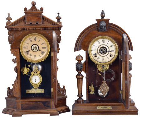 Clocks- 2 (Two): (1) Ansonia Clock Co., New York, "Niagara", 8 day, time, strike and alarm spring brass movement shelf clock, c1895 (2) E. Ingraham & Co., Bristol, Conn., 8 day, time, strike and alarm spring brass movement shelf clock, c1890 This model is very similar to the "King" model made the Ansonia Clock Co.