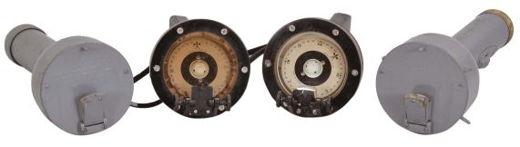 Compasses- 4 (Four) Illuminated Hand Bearing: (1) C. G. Conn., Ltd., Elkhart, IN, for U.S. Navy- Bureau of Ships, "Observer- Compass", gray painted brass compass in bowl, handle with battery compartment, hinged prism, and light bulb, all in a finger-jointed mahogany box, dated 1943. (2) C. G. Conn., Ltd., Elkhart, IN, for U.S. Navy- Bureau of Ships, "Observer- Compass", gray painted brass compass in bowl, handle with battery compartment, hinged prism, light bulb, and original printed instruction sheet, all in a finger-jointed mahogany box, dated 1943. (3) Weems & Plath, Annapolis, MD, illuminated hand bearing compass, brass and black plastic, hinged prism, battery compartment in handle, all in a finger-jointed mahogany box with viewing window and external switch. (4) Weems & Plath, Annapolis, MD, illuminated hand bearing compass, brass and black plastic, hinged prism, battery compartment in handle, all in a finger-jointed mahogany box with viewing window and external switch.