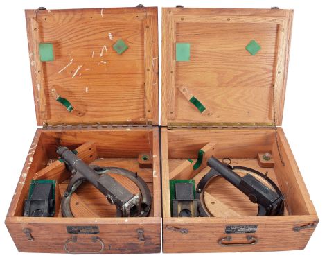 Nautical Instruments- 4 (Four) Telescopic Alidades: Ajax Engineering, Chicago, IL, and Kollmorgen Optical Corp., New York, for Bureau of Ships, "U.S. Navy Telescopic Alidade, Mark II, Mod. 3", each with telescopes, mounted on 10 inch diameter horizontal circular, the inner beveled edge graduated counterclockwise in degrees, turned finger lugs, high-angle prism attachment with associated bubble level, all in dovetailed wood boxes with brass hardware, dated 1941 and 1942.