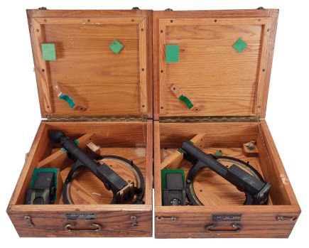 Nautical Instruments- 4 (Four) Telescopic Alidades: Ajax Engineering, Chicago, IL, and Kollmorgen Optical Corp., New York, for Bureau of Ships, "U.S. Navy Telescopic Alidade, Mark II, Mod. 3", each with telescopes, mounted on 10 inch diameter horizontal circular, the inner beveled edge graduated counterclockwise in degrees, turned finger lugs, high-angle prism attachment with associated bubble level, all in dovetailed wood boxes with brass hardware, dated 1941 and 1942.