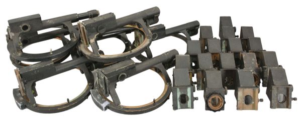24 (Twenty-four) Alidade Parts: lot includes 7 various models of U.S. Navy alidade circles with scopes and 17 high-angle alidade prism attachments. Most date to before or during the Second World War.