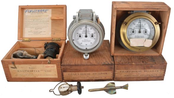 Instruments- 6 (six) Ship Logs: A Thomas Walker & Son, Birmingham, England, "Knotmaster, Model KDO" log in original wood box with two rotators (spinners) and one mounting shoe, next is a T.S. & J.D. Negus, New York, "Negus Patent Log", small log with one rotator,  together with 4 (Four) log receivers by Thomas Walker & Son Ltd., "Trident Electric Ship Log" chart house receivers, three in original wood shipping boxes.