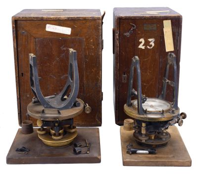 Instruments- 4 (Four) Surveying: (1) Buff & Buff Mfg. Co., Boston, boxed transit, dark green A-frame uprights, bubble level, 4 inch compass with silvered dial, mounted on four adjustable feet, in a fitted in a mahogaNew York case with paper labels. (2) F.E. Brandis, Sons & Co., Brooklyn, New York, boxed transit, serial number 2206, dark metal U-frame uprights, two bubble levels, silvered dial around the outside of circular platform, mounted on four adjustable feet in a wood case. (3) Buff & Buff Mfg Co., Boston, surveyor