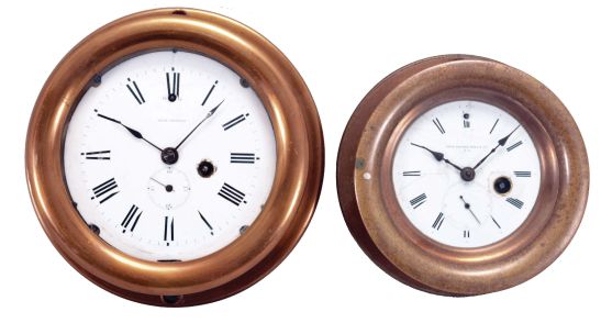 Clocks- 2 (Two) Seth Thomas Marine: (1) Seth Thomas Clock Co., Thomaston, Conn., marine clock, 8 day, time only, spring-driven lever escapement in a brass case with snap bezel, a 4.25 inch white enamel dial with subsidiary seconds, and blued steel hands. (2) Seth Thomas Sons & Co., New York, marine clock, 8 day, time only, spring-driven lever escapement in a brass case with hinged bezel, 3.5 inch white enamel dial with subsidiary seconds, and blued steel hands.