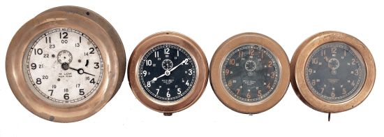 Clocks- 4 (Four) Marine with Car Clock Movements: one signed M. Low of New York, with an 8 day Waltham movement and three by Roth Bros. of New York, likely also car clock style movements, all with brass cases with screw-on bezels.