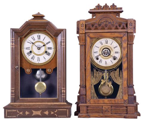 Clocks- 2 (Two): (1) Seth Thomas Clock Co., Thomaston, Conn., "Atlanta" city series shelf clock with a spring driven, 30 hour, time and strike movement in a walnut case, c1880. (2) William L. Gilbert Clock Co., Winsted, Conn., "Dacca" shelf clock with a spring driven, 8 day, time, strike and alarm movement in an ash wood case, c1885