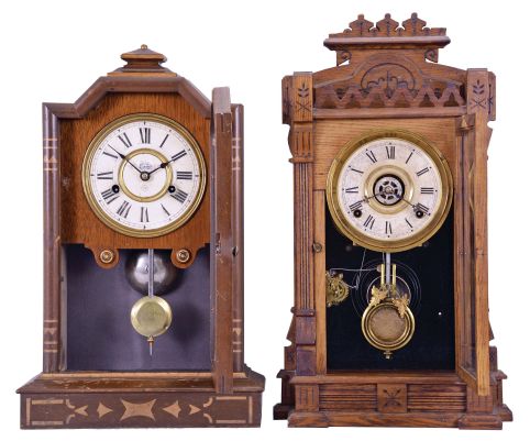Clocks- 2 (Two): (1) Seth Thomas Clock Co., Thomaston, Conn., "Atlanta" city series shelf clock with a spring driven, 30 hour, time and strike movement in a walnut case, c1880. (2) William L. Gilbert Clock Co., Winsted, Conn., "Dacca" shelf clock with a spring driven, 8 day, time, strike and alarm movement in an ash wood case, c1885