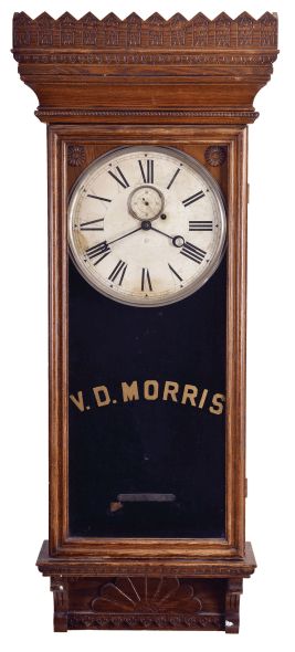 William L. Gilbert Clock Co., Winsted, Conn., "Regulator No. 14", 8 day, weight brass movement wall timepiece.
