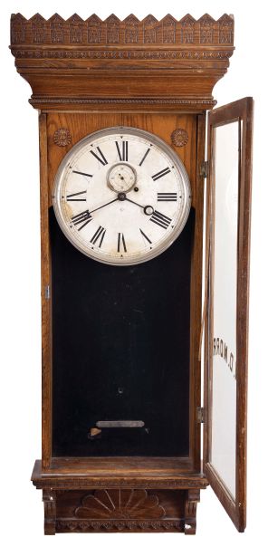 William L. Gilbert Clock Co., Winsted, Conn., "Regulator No. 14", 8 day, weight brass movement wall timepiece.