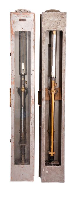 Barometers- 2 (Two) World War II era gimbal-mounted mercurial barometers for U.S. Navy Bureau of Ships: (1) Julian P. Friez, Baltimore, Maryland, brass body, mounted in a gray painted brass box, Navy tag dated 1942. (2) W. M. Welch Scientific Company, Chicago, Illinois, brass body with thermometer, mounted in a gray painted copper box, Navy tag dated 1943.