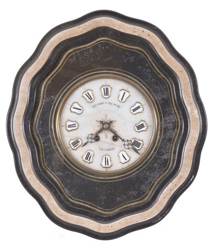Clocks- 3 (Three): (1) French, 8 day, time and strike spring brass movement picture frame or Bakers wall clock. Dial is marked "Guiot ". c1900 (2) French, 8 day, time and strike weight brass movement Mobier wall clock. c1900 (3) French, 8 day, time and strike spring brass movement picture frame or bakers wall clock. Dial is marked "Ricardo G. Del Olmo" c1900