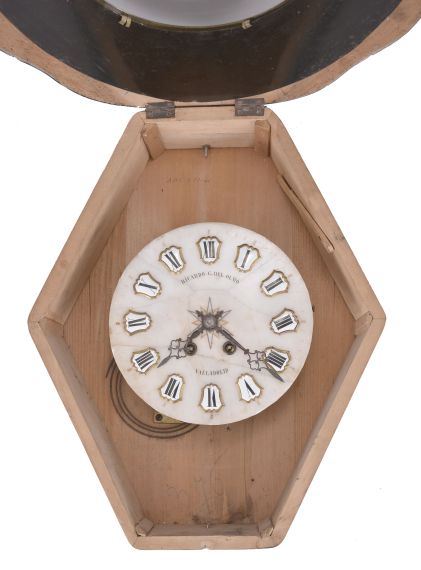 Clocks- 3 (Three): (1) French, 8 day, time and strike spring brass movement picture frame or Bakers wall clock. Dial is marked "Guiot ". c1900 (2) French, 8 day, time and strike weight brass movement Mobier wall clock. c1900 (3) French, 8 day, time and strike spring brass movement picture frame or bakers wall clock. Dial is marked "Ricardo G. Del Olmo" c1900