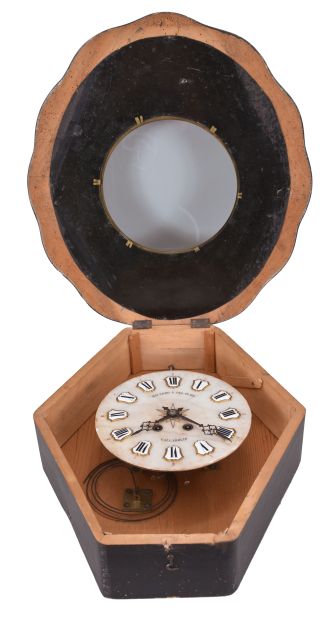 Clocks- 3 (Three): (1) French, 8 day, time and strike spring brass movement picture frame or Bakers wall clock. Dial is marked "Guiot ". c1900 (2) French, 8 day, time and strike weight brass movement Mobier wall clock. c1900 (3) French, 8 day, time and strike spring brass movement picture frame or bakers wall clock. Dial is marked "Ricardo G. Del Olmo" c1900