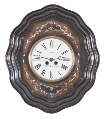 Clocks- 3 (Three): (1) French, 8 day, time and strike spring brass movement picture frame or Bakers wall clock. Dial is marked "Guiot ". c1900 (2) French, 8 day, time and strike weight brass movement Mobier wall clock. c1900 (3) French, 8 day, time and strike spring brass movement picture frame or bakers wall clock. Dial is marked "Ricardo G. Del Olmo" c1900