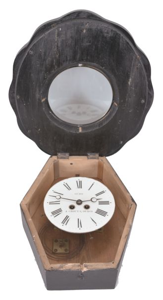 Clocks- 3 (Three): (1) French, 8 day, time and strike spring brass movement picture frame or Bakers wall clock. Dial is marked "Guiot ". c1900 (2) French, 8 day, time and strike weight brass movement Mobier wall clock. c1900 (3) French, 8 day, time and strike spring brass movement picture frame or bakers wall clock. Dial is marked "Ricardo G. Del Olmo" c1900