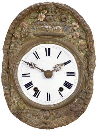 Clocks- 3 (Three): (1) French, 8 day, time and strike spring brass movement picture frame or Bakers wall clock. Dial is marked "Guiot ". c1900 (2) French, 8 day, time and strike weight brass movement Mobier wall clock. c1900 (3) French, 8 day, time and strike spring brass movement picture frame or bakers wall clock. Dial is marked "Ricardo G. Del Olmo" c1900