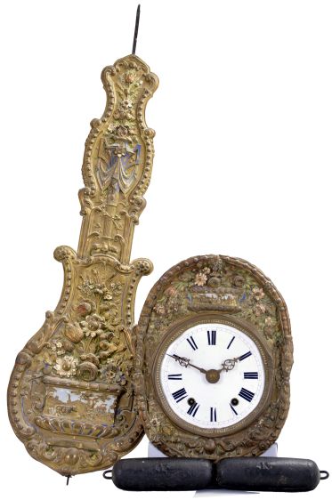 Clocks- 3 (Three): (1) French, 8 day, time and strike spring brass movement picture frame or Bakers wall clock. Dial is marked "Guiot ". c1900 (2) French, 8 day, time and strike weight brass movement Mobier wall clock. c1900 (3) French, 8 day, time and strike spring brass movement picture frame or bakers wall clock. Dial is marked "Ricardo G. Del Olmo" c1900